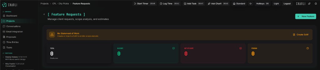 Charli feature request dashboard showing AI-powered project management software