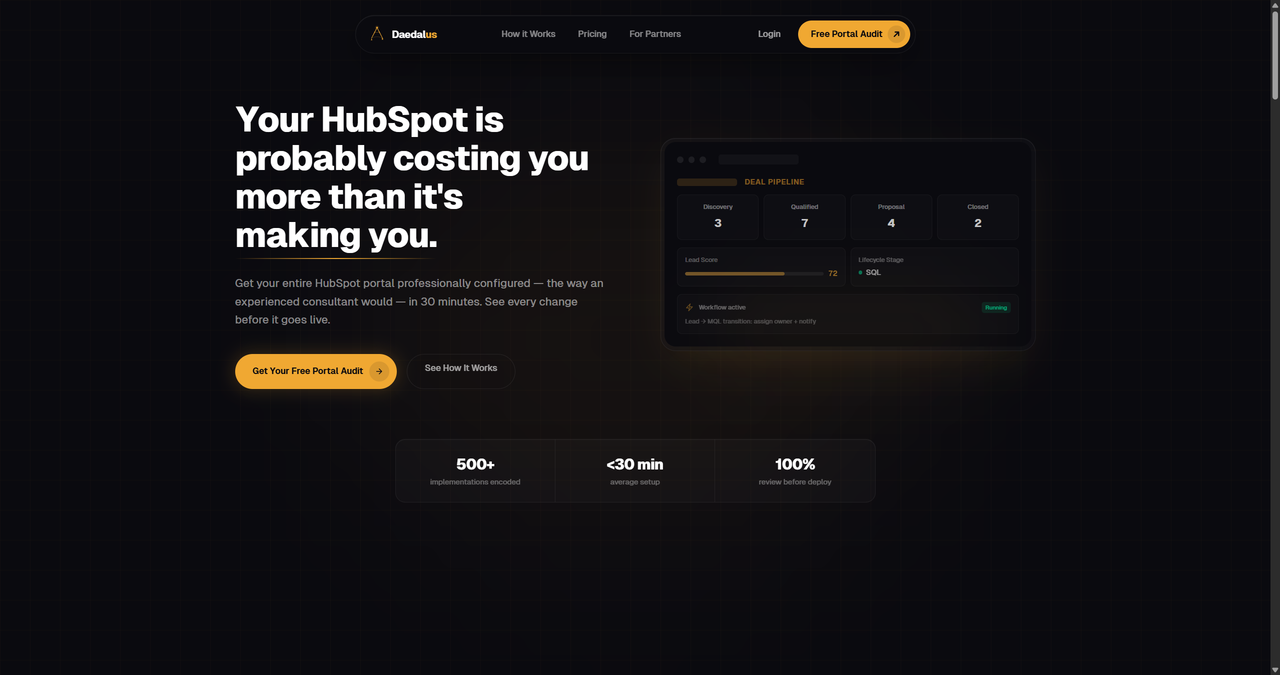 Daedalus homepage showing a HubSpot portal audit product interface