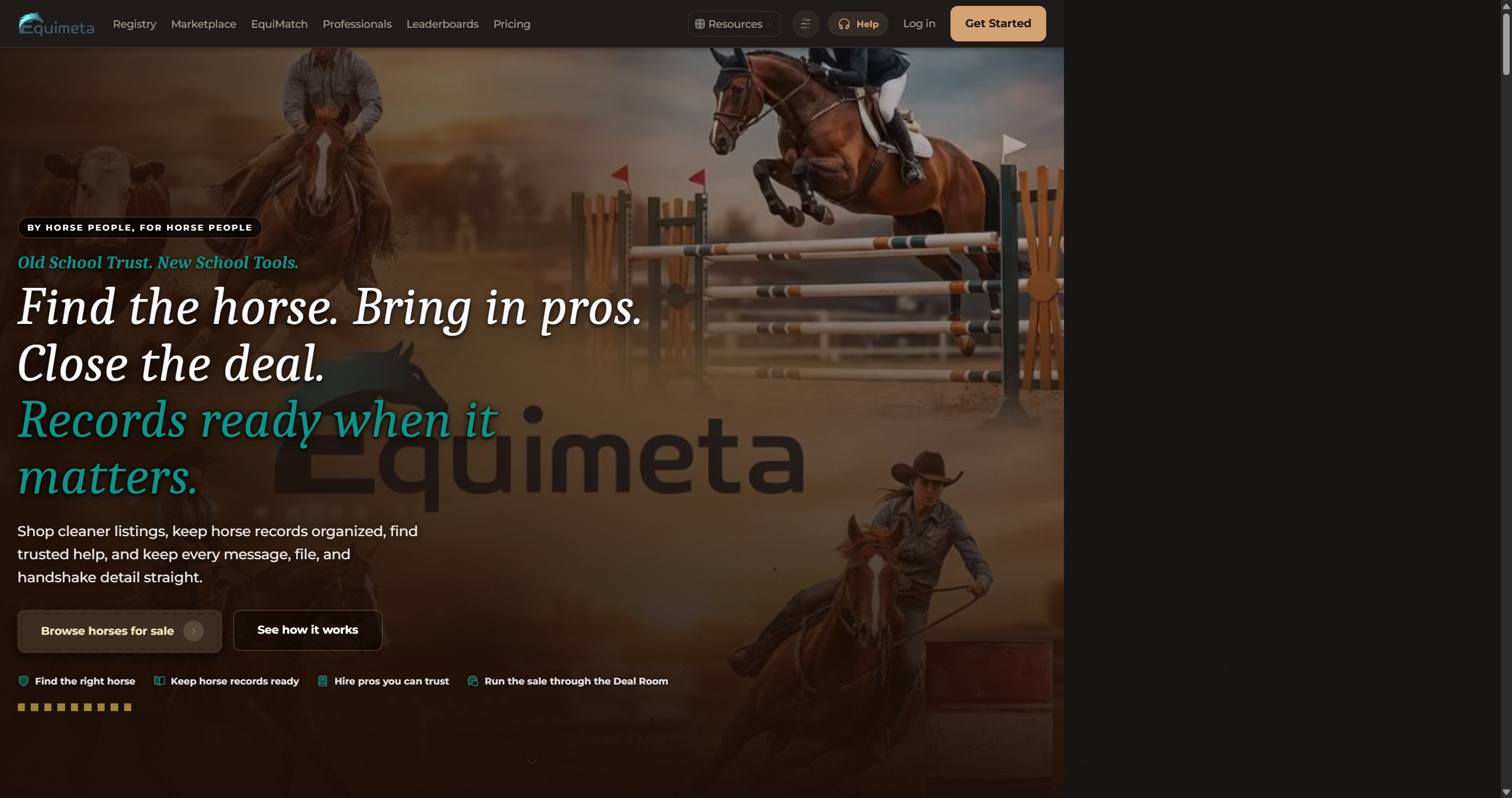 Equimeta homepage hero for horse marketplace and records software