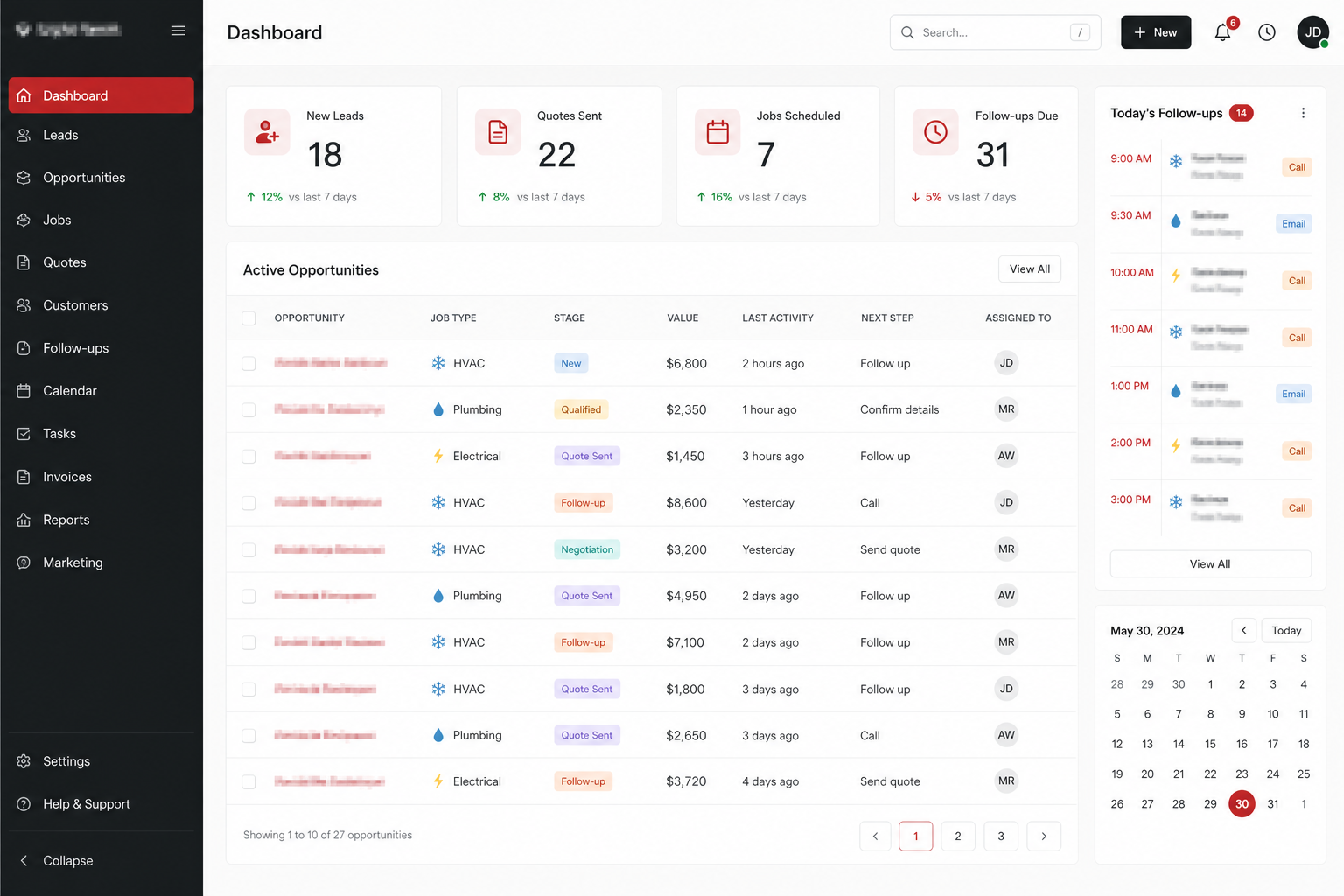 Mock contractor CRM dashboard showing leads, quotes, scheduled jobs, and follow-ups