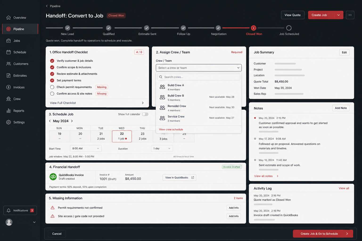 Mock contractor job handoff screen converting a won quote into a scheduled job with checklist, crew assignment, and invoice draft