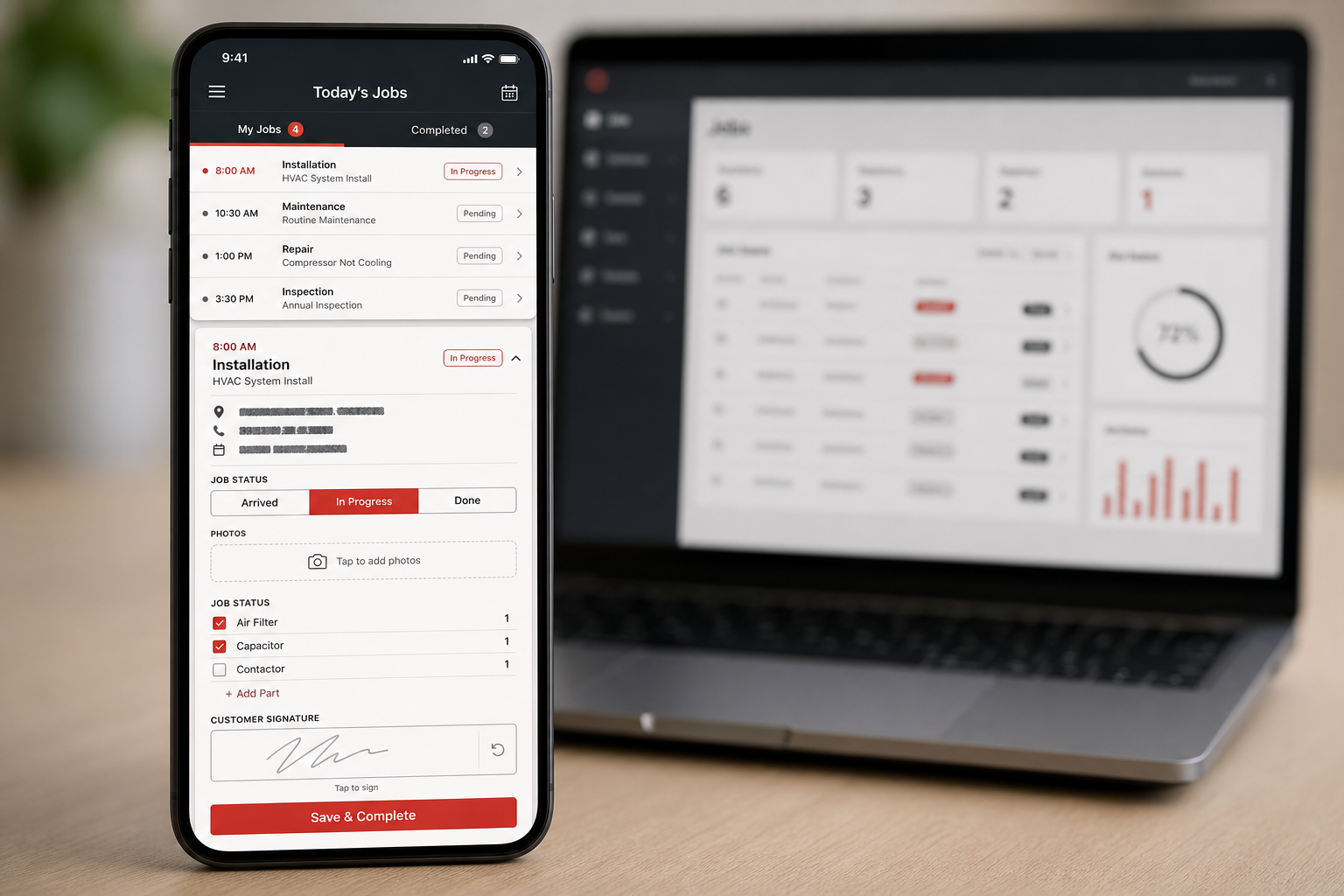 Mock mobile contractor field view showing today's jobs, job status buttons, photo upload, parts used, and signature capture