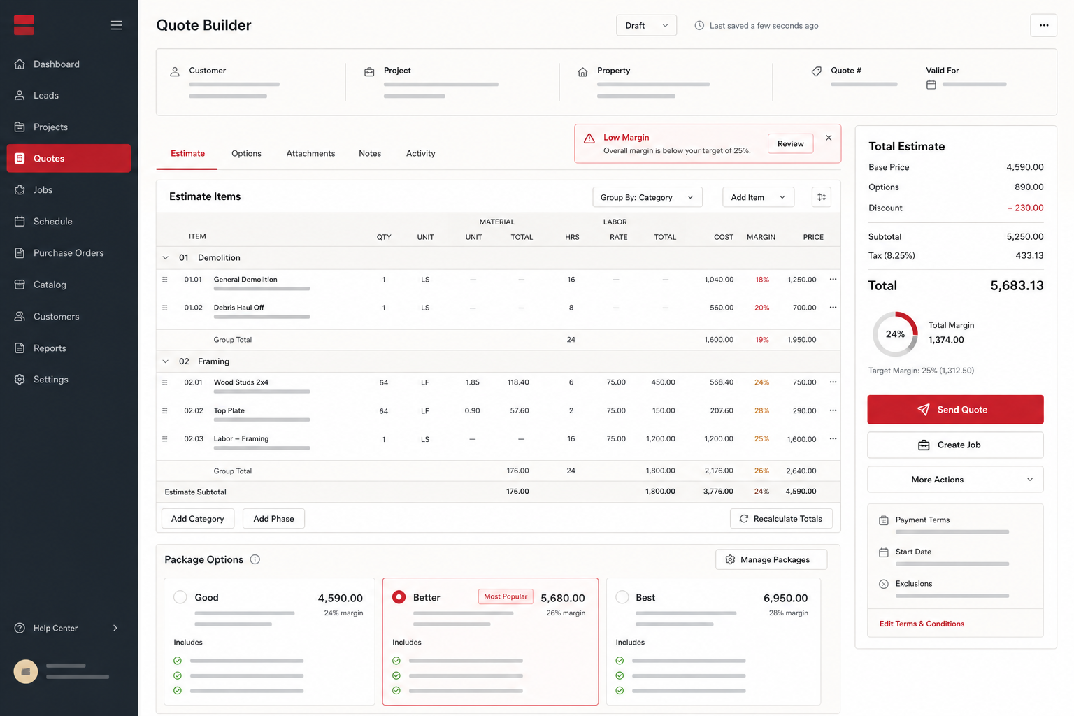 Mock contractor quote builder with estimate line items, margin warning, package options, and total estimate
