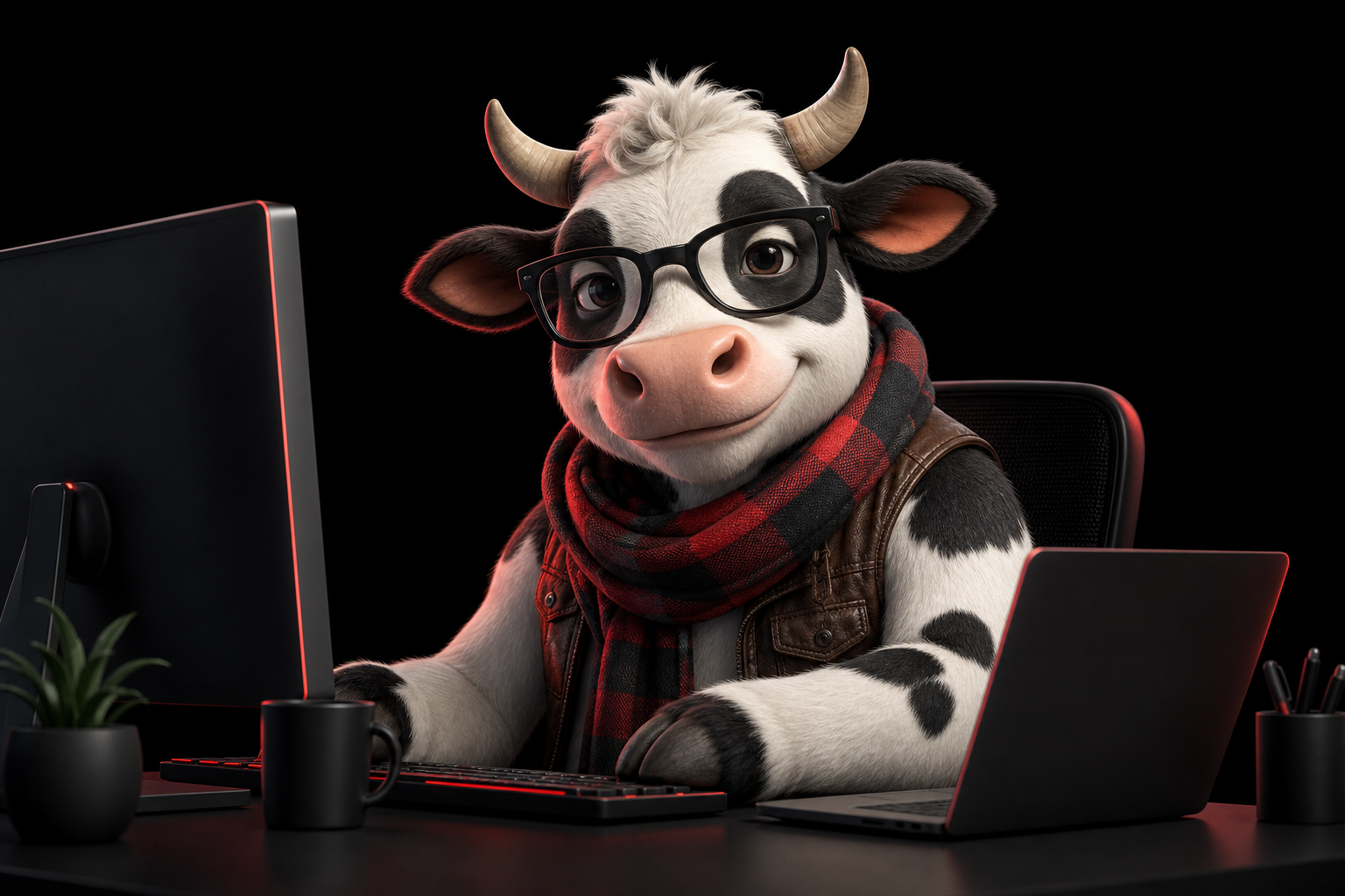 Herd of Nerds mascot — a nerdy cow developer at a desk